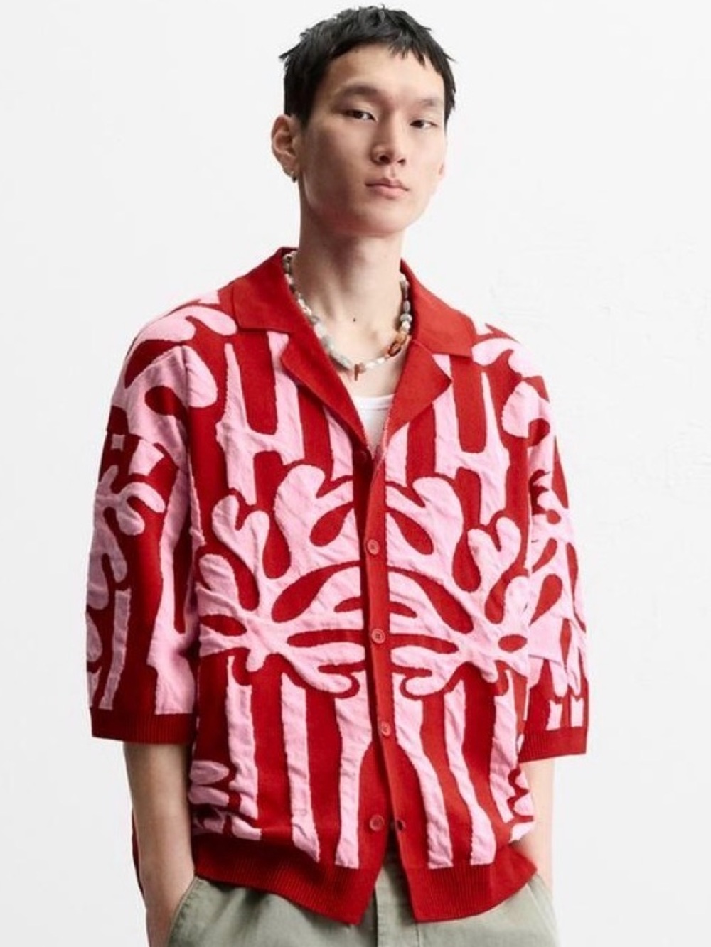 ZARA Men’s Red Knit Cardigan w Pink Graphic Design. L-XL NWT